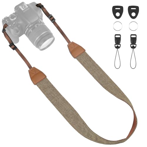 Image of Universal Camera Strap - Camera Neck Strap, Adjustable Shoulder Straps Compatible with Canon, Fujifilm, Nikon, Olympus, Panasonic and other SLR and mirrorless cameras - Khaki and Black Stripes