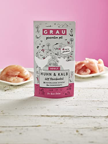GRAU – das Original – Nassfutter für Katzen - Huhn & Kalb (Pouchbeutel), 16er Pack (16 x 125 g), getreidefrei, für Erwachsene Katzen
