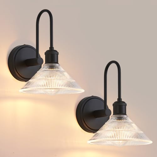 Image of Vikdio Wall Sconce Set of 2, Black Vintage Light Fixtures with Round Clear Glass Lampshade, Hardwired Sconces Wall Lighting for Bedroom, Bathroom, Living Room | Includes 2 LED Bulbs