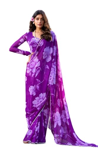 DREAM STYLE Women's Chiffon Floral Printed Pearl Lace Saree For