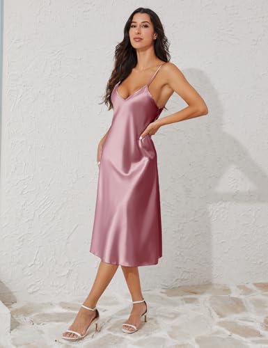 Image of Litherday Silk Nightgown for Women Long Satin Slip Dress Nightdress Silky Chemise Nightie Soft V Neck Nightwear