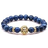 Echtes Naturstein Armband,7 Chakra Natürliches Lapislazuli Armband Edelstein Armreif Mit Goldenen Löwen Charms 8Mm Steinperle Stretch Armband Boho Yoga Schmuck Geschenk Für Papa Mama Freund Liebh