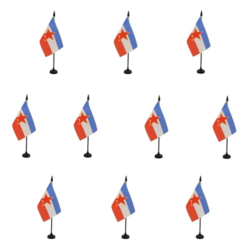 AZ FLAG - 10 banderas de mesa yugoslavia 15 x 10 cm, 10 mini banderas yugoslavas de oficina 100% poliéster con mástil de 25 cm y base de plástico negro