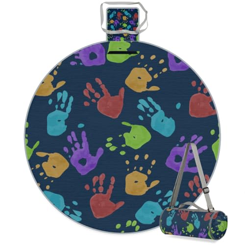 Shimoshe Colorful Skull Palm Print Picnic Outdoor Blanket Foldable Waterproof Sandproof Beach Blanket Portable Water-Resistant Round Picnic Mat for Travel Camping Park Lawn