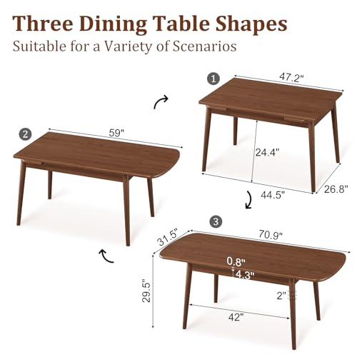 Image of Solid Wood Extendable Dining Table for 4-8, 47.2 inch to 70.8 inch Expandable Table, Easy Assembly Extendable Dining Room Table, 3-in-1 Design, Ideal for Dining Room, Kitchen, Living Room (Walnut)