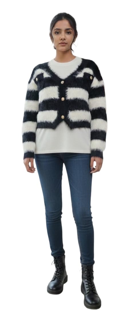 Cropped Eyelash-Knit Cardigan, Monochromatic Striped Pattern, V-Neckline, Gold-Tone Buttons, Soft Feathery Texture (in Alpha, M)-image-30