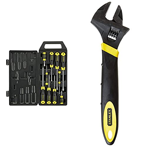 Image of STANLEY 10 Piece Cushion Grip Screwdriver Set, Flared/Pozi & 090950 300mm MaxSteel Adjustable Wrench
