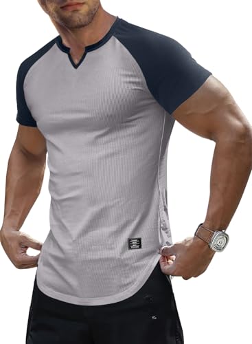 JMIERR Men's Ribbed Knit Notch V Neck T-Shirt, L, C Light Grey & Blue