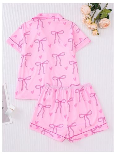 Image of SHENHE Women's 2 Piece Pajama Set Bow Graphic Button Down Short Sleeve Lapel Shirt Pj Short Set
