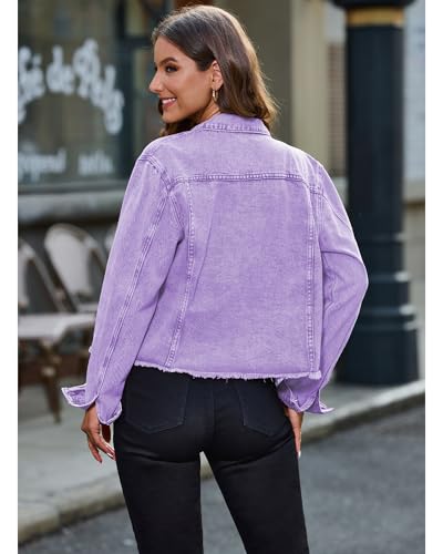 Image of luvamia Denim Jacket for Women Distressed Jean Jackets Button Up Vintage Western Trucker Jacket Frayed Hem Pockets