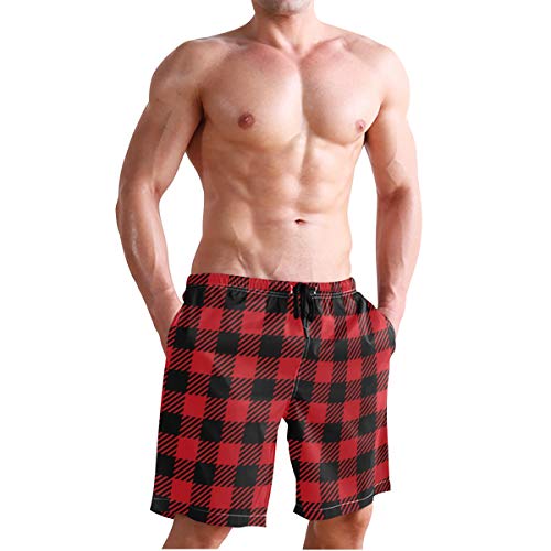Xuwu Men's Quick Dry Swim Trunks With Pockets Red And Black Lumberjack Buffalo Plaid Beach Board Shorts Bathing Suits #TOP4