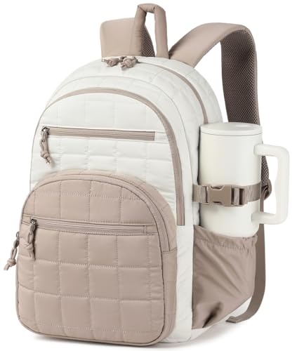 Image of Laptop Backpack for Women, College Bookbag with Tumbler Holder Pocket for Nurse Teacher Work Travel, Quilted Puffer High School Backpack for Girls Big Student, White Camle