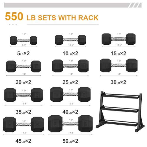 Premium Rubber Coated Hex Dumbbell Weight Set with Rack, Multiple Packages,210LB/350LB/450LB/550LB Set for Home Gym, Hand Weights for Muscle Toning, Strength Building & Full Body Workout