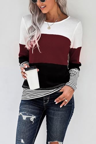 KINGFEN Womens Long Sleeve Color Block Tops Striped Casual Crewneck T Shirts Waffle Knit Sweaters2