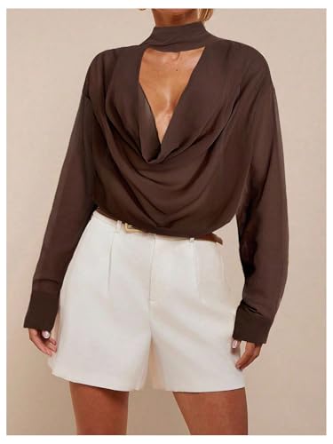 SHENHE Women's Cowl Neck Blouse Long Sleeve Draped Sexy Dressy Sheer Blouse Top with Scarf