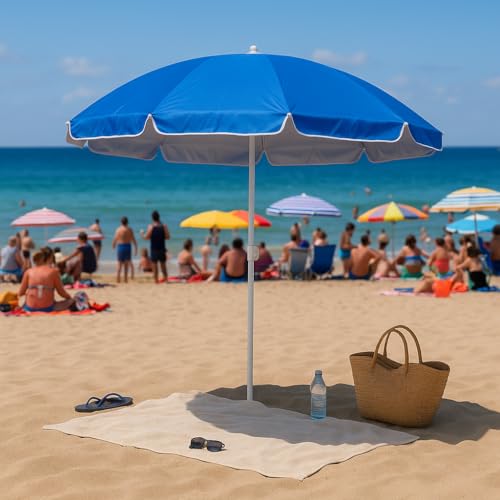 FORA Strandschirm mit UV-Schutz 150 cm – faltbarer Sonnenschirm mit 8 Nylon-Paneelen, innen silber, höhenverstellbar, Tragetasche mit Schultergurt (blau)