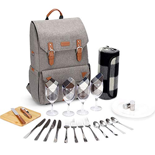 HappyPicnic Insulated Picknickrucksack für 4 Personen mit komplettem Geschirrset, geräumigem Kühlfach, Flaschenhaltern und großem wasserdichtem Picknick-Teppich – Bild 3