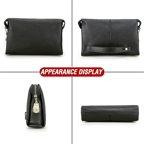 Image of Top Grain Genuine Leather Clutch Wallet Bag for Man & Woman, Handmade Retro Design, Combination Lock & Retractable Strap & Multi Pockets /Slots, Portable RFID for Cards /Checks /Phone /Banknote, Black
