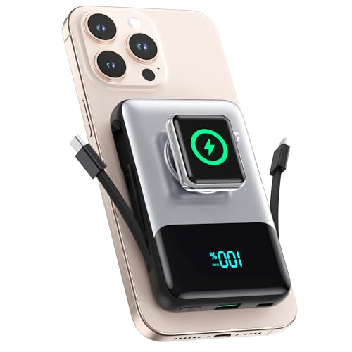 Magnetic Portable Charger for iPhone with Built-in Cable,10800mAh Wireless Power Bank for Magsafe Travel Essential,6-in-1 25W PD Fast Charging USB C Battery Pack for iPhone 17/16/15/14/13, Apple Watch
