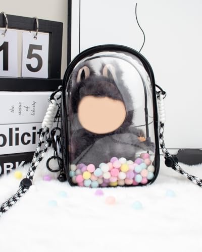 Image of Clear Figure Display Bag with Keychain for Doll, Protective Case for Plush Doll, Clear Hanging Display Cases, Crossbody Doll Storage Bag, PVC Storage Case Cover for Figures Dolls (Black, Middle)