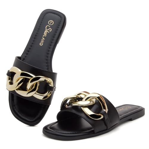 Shoe Land Women's Flat Sandals - Square Open Toe Single Band Fashion Slides with Metal Chain Dressy 2025 Trendy | Comfortable Slippers with Cushioned Footbed for Summer2