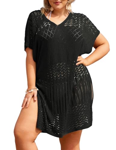 Hanna Nikole Swimsuit Cover-Up Women Plus Size Short Sleeve Beach Dress Long Beachwear Black 26