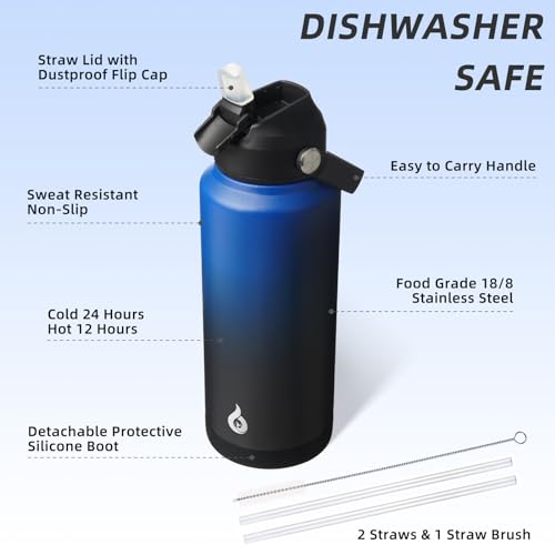 Image of BJPKPK Water Bottle with Straw Lid, 32oz Vacuum Insulated Water Bottles, Metal Stainless Steel Thermo for Sports, Travel, BPA Free Leak Proof Thermo, Cups, Flasks, Tumblers,Black Blue