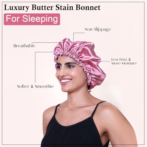 Image of GLUN Hair Bonnet Cap with 3 Satin Scrunchies Combo, Soft Pink Satin Cloth Bonnet Cap Prevents Hair Breakage, Ideal for Curly & Natural Hair, Frizz Control & Moisture Retention