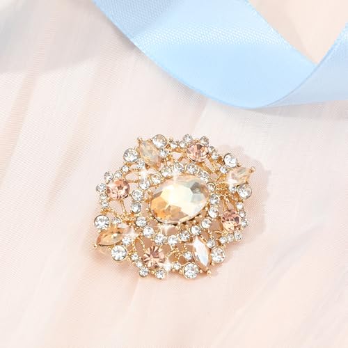 Image of Gold Crystal Brooch, Champagne Gold Small Brooches Pin for Women, Vintage Diamante Elegant Brooches for Clothes, Sweater, Coat, Scarves, Dress, Wedding, Bridal