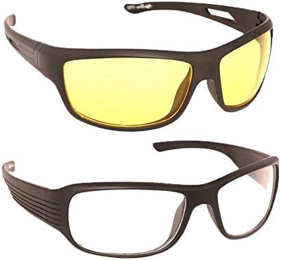 Younky Day And Night Vision Goggles for Riding Bikes Combo Pack of Driving Sunglasses for Men Women Boys & Girls (Clear - Yellow Night Vision) - 2 Goggle Case