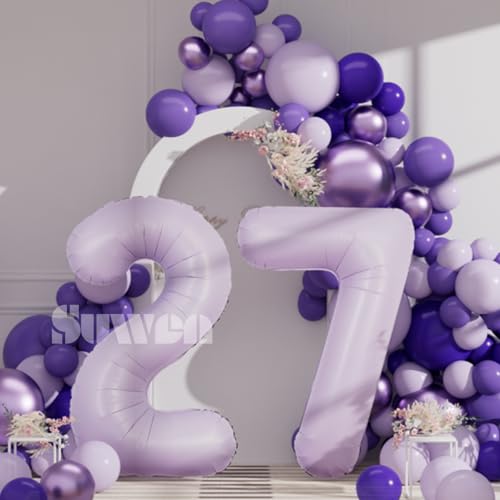 Image of SUWEN 40 Inch Light Purple Lavender Big 27 Balloon Number Foil Helium 0-9 | 27th Large Giant Huge Mylar Jumbo Happy Birthday Party 72 Anniversary Decorations
