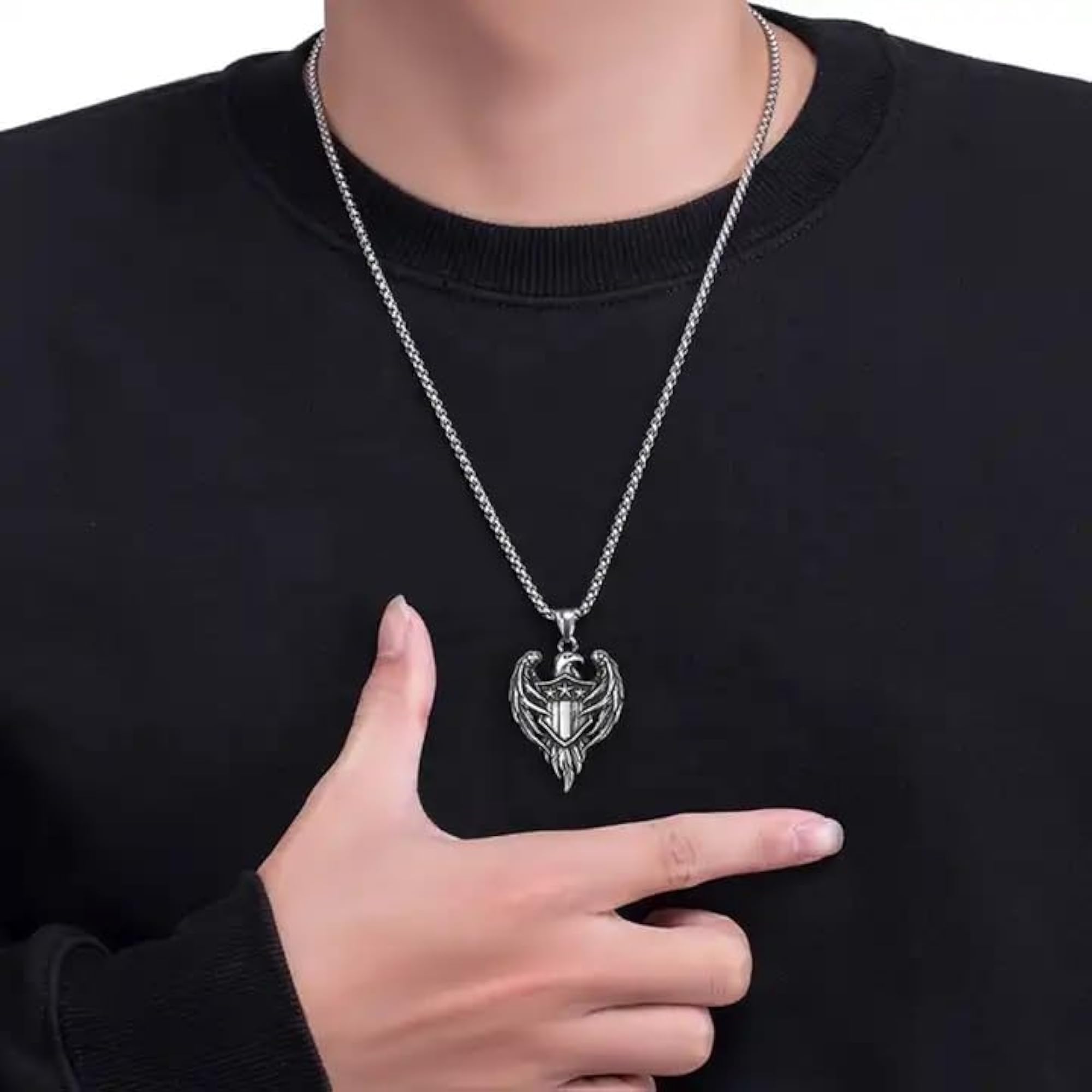 Men's Eagle Silver Chain Locket Necklace Set