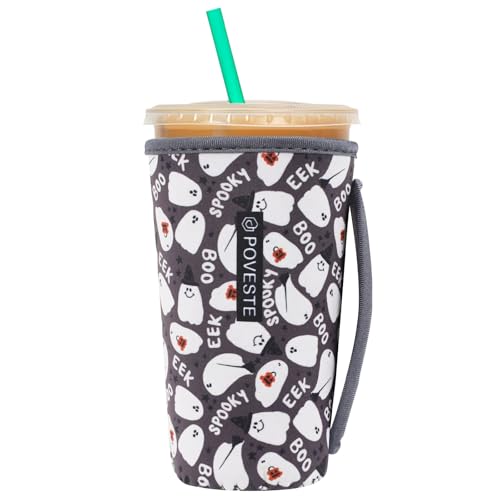 Image of Reusable Neoprene Insulator Sleeve for Iced Coffee & Cold Soda, Coffee Sleeves for Iced & Hot Drinks, Cold Beverage Cooler Compatible with Starbucks, Dunkin (Halloween Boo, Large: 32oz)