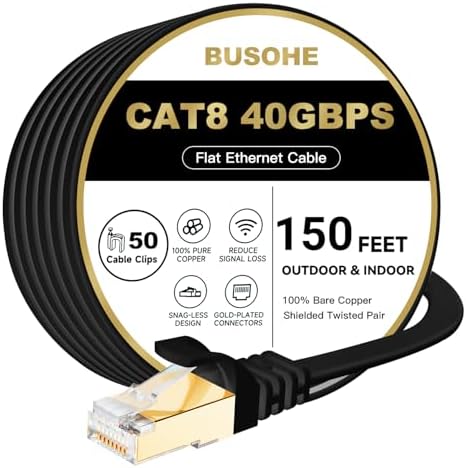 BUSOHE Cat 8 Ethernet Cable 150 FT, 40Gbps 2000MHz Cat8 High Speed Flat Internet Network Patch Cord, Shielded LAN Wire with Gold Plated RJ45 Connector for Outdoor Indoor, with Clips - 150FT Black