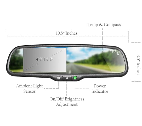 Image of Master Tailgaters 10.5 inch OEM Rear View Mirror with 4.3 inch LCD Screen + Compass & Temperature | Rearview Universal Fit Mount | Auto Adjusting Brightness LCD | Anti Glare | Full Original Mirror Replacement