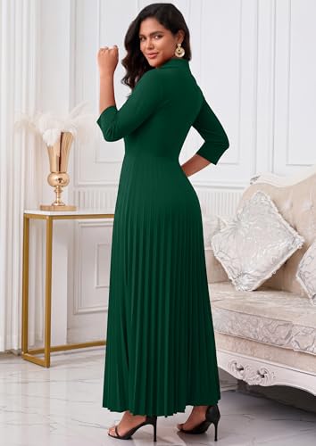 Image of FANDEE Maxi Dress for Women Formal 3 /4 Sleeve Pleated Empire Long Dress Semi Formal Tie Neck Office Work Dresses