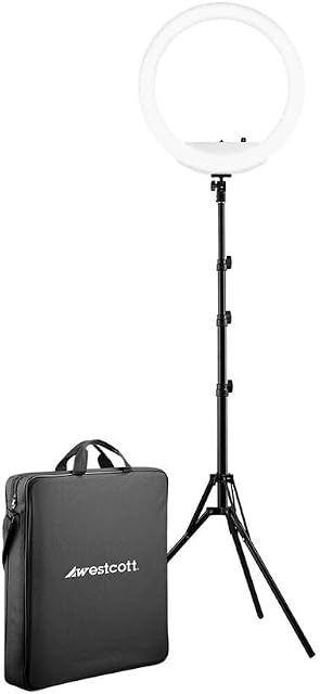 Westcott 18” Bicolore LED Kit de lumière de bague avec piles et Stand Professional Studio éclairage continu pour la photographie, la vidéoconférence, cheveux & Salons de maquillage, studios de tatouage, YouTube & TikTok | Haute précision des couleurs, 0-100 % de dimmer intégré, Inclu