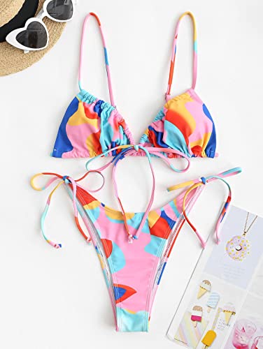 Zaful Bowknot Colorblock Tie Side String Bikini Swimwear High Cut Thong Bikini Set #TOP3