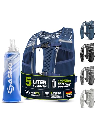 SASMO® Laufweste Damen & Herren 5L / 2L | Running Vest - Ultraleicht & atmungsaktiv| Laufrucksack Damen - 8 Taschen | Laufweste Herren | Trinkweste Laufen