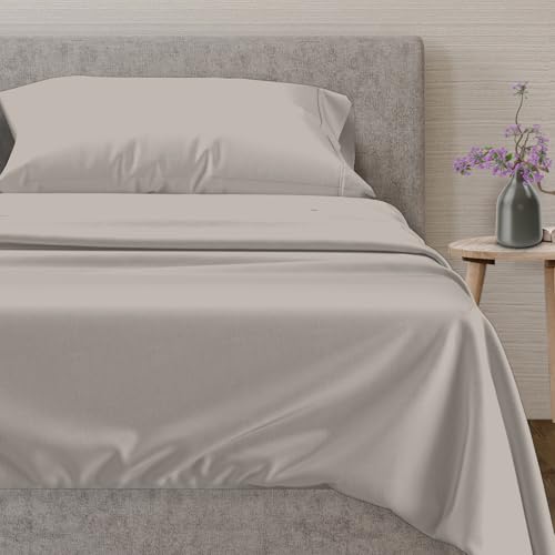 Mayfair Linen 100% Egyptian Cotton Twin Size Sheet Set - Luxury 600 Series Voyage Collection Cotton Sheets Set for Twin Bed (3 PC, Taupe), Soft, Cooling Sateen Weave 16" Deep Pocket Hotel Sheet Set
