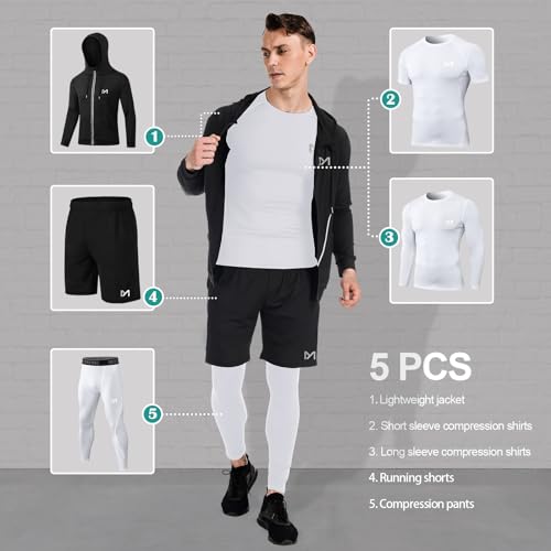 MEETYOO Conjunto masculino de compressão 5 peças, camisa de manga comprida, shorts atléticos, jaquet