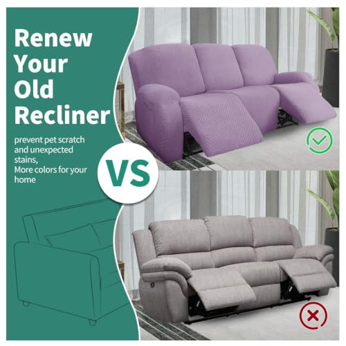 Image of YEMYHOM 8 Pieces Stretch Recliner Sofa Cover Jacquard Reclining Couch Cover with Side Pocket Anti-Slip Fitted 3 Cushion Furniture Slipcovers with Elastic Bottom (Sofa Recliner, Light Purple)