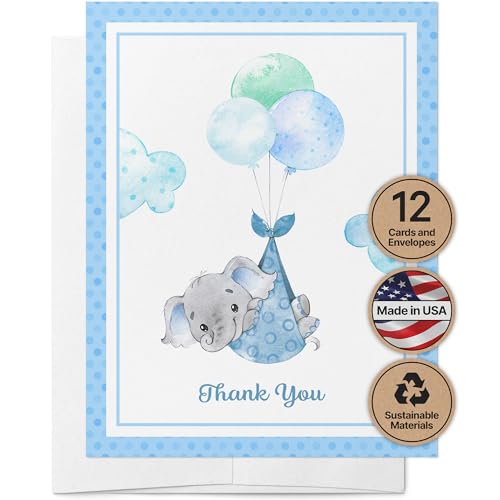 Image of Twigs Paper Baby Boy Shower Thank You Cards, 12 Blue Elephant Note Cards