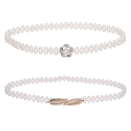 HomeSoGood 2Pcs Elegant Women Imitation Pearls Belt, Wedding Bridal Waist Belt Elastic Buckle Pearl Chain Belt for Female Girls Dress Strap