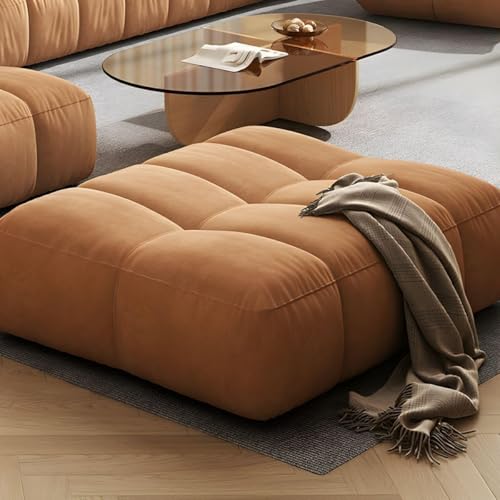 Image of Modern Cloud Puffy Velvet Sofa Tufted Structure Round Arm L-Shaped Sofa Set Round Back with Throw Pillows for Living Room (L Shape +1 & Footrest, Rust Orange)