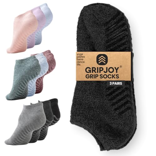 Gripjoy Grip Socks 3-Pack, Non Slip Socks for Yoga, Pilates, Barre, Dance, Enhanced Stability, Machine Washable, Comfortable Cotton Blend, Supports Charitable Causes