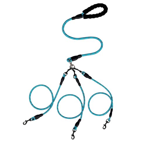 Guinzaglio Triplo per 1/2/3 Cani, Guinzaglio Resistente con Gancio Girevole a 360°, Divisore in Nylon con Manico Imbottito per Cani di Taglia Media e Grande (Blu 3 in 1)