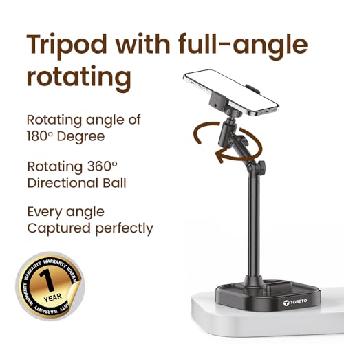 Image of Toreto Anchor Table Top Mobile Holder with 360 Ball Rotation & 180 Folding Arm, Height Adjustable 22-41 cm Desktop Lift Stand, Multi-Camera Phone Stand for Video Recording & Live Streaming (Black)