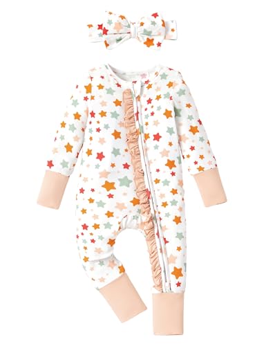 Image of PATPAT Baby Girl Boy Footie Clothes, Bamboo Viscose, 2-Way Ruffled Zipper, Fold-Over Mittens & Cuffs with Headband