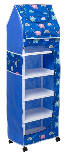 Image of HYSEYY Baby Wardrobe Plastic Kids Storage Rack with Fabric Cover & Wheels | 6-Tier Plastic Shelves Organizer | Toy, Book & Clothes Storage Cabinet for Kids Room (Elephant Pattern)